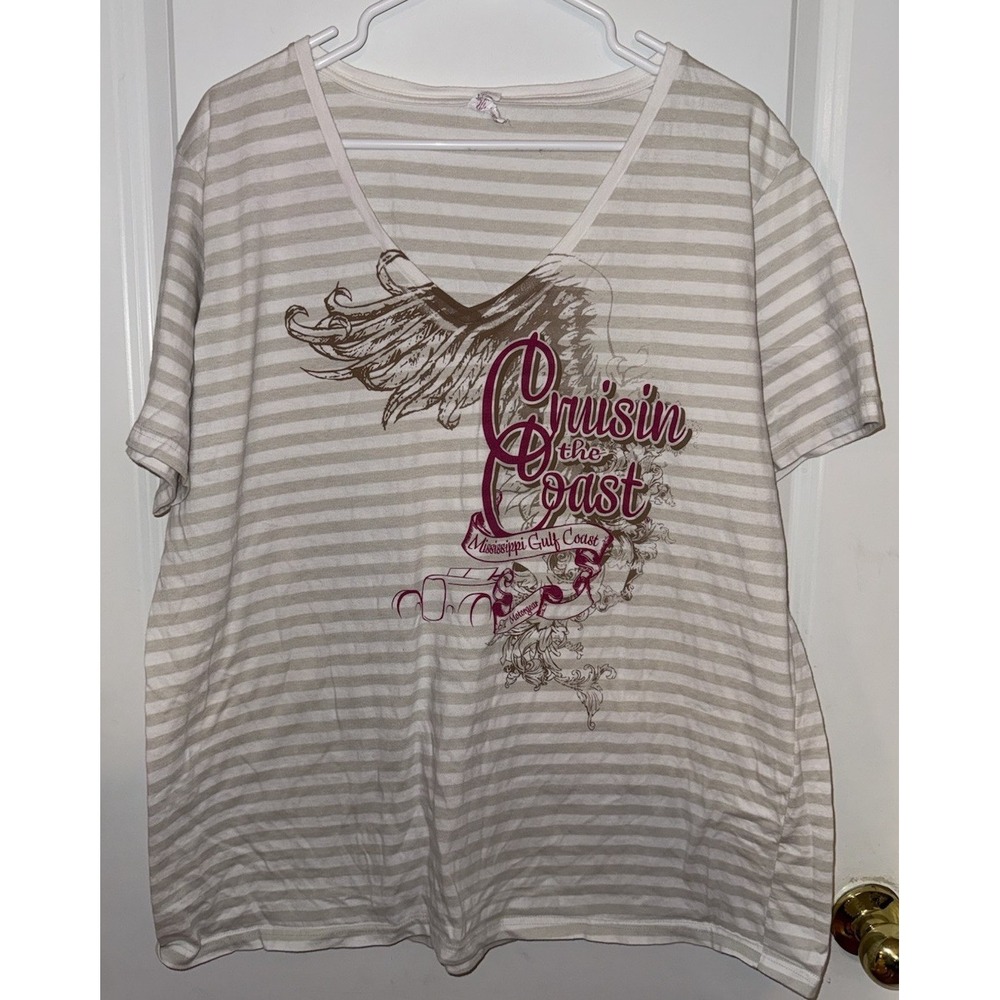 Cruisin The Coast T-Shirt V-Neck Ladies Size 2XL, ETβ Motorgear Tan & Stripes